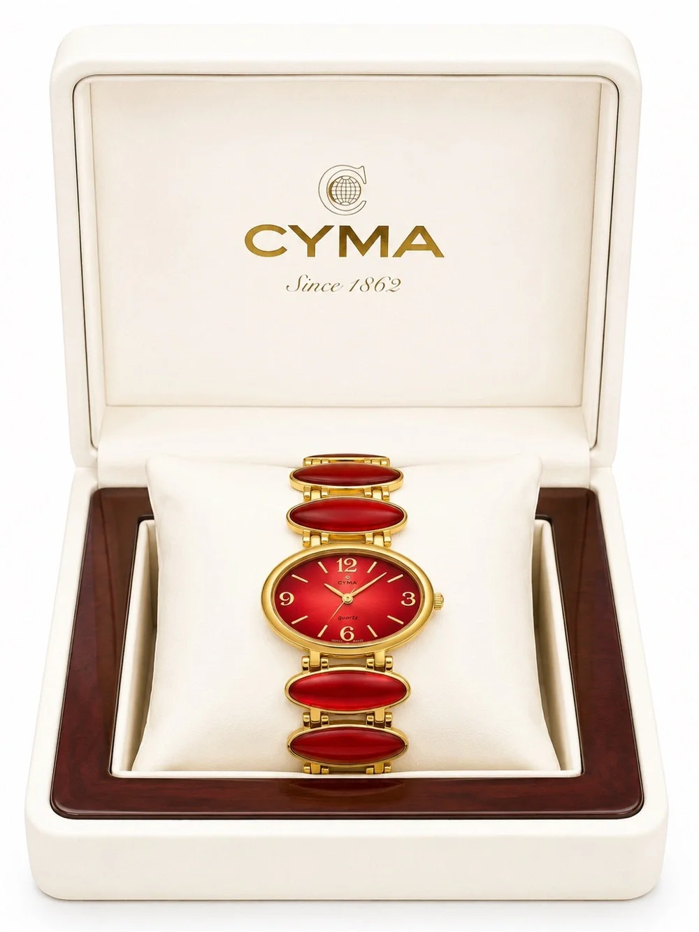 Vintage CYMA Swiss Red Enamel Bracelet Watch Gold Tone Quartz Watch w/ Box